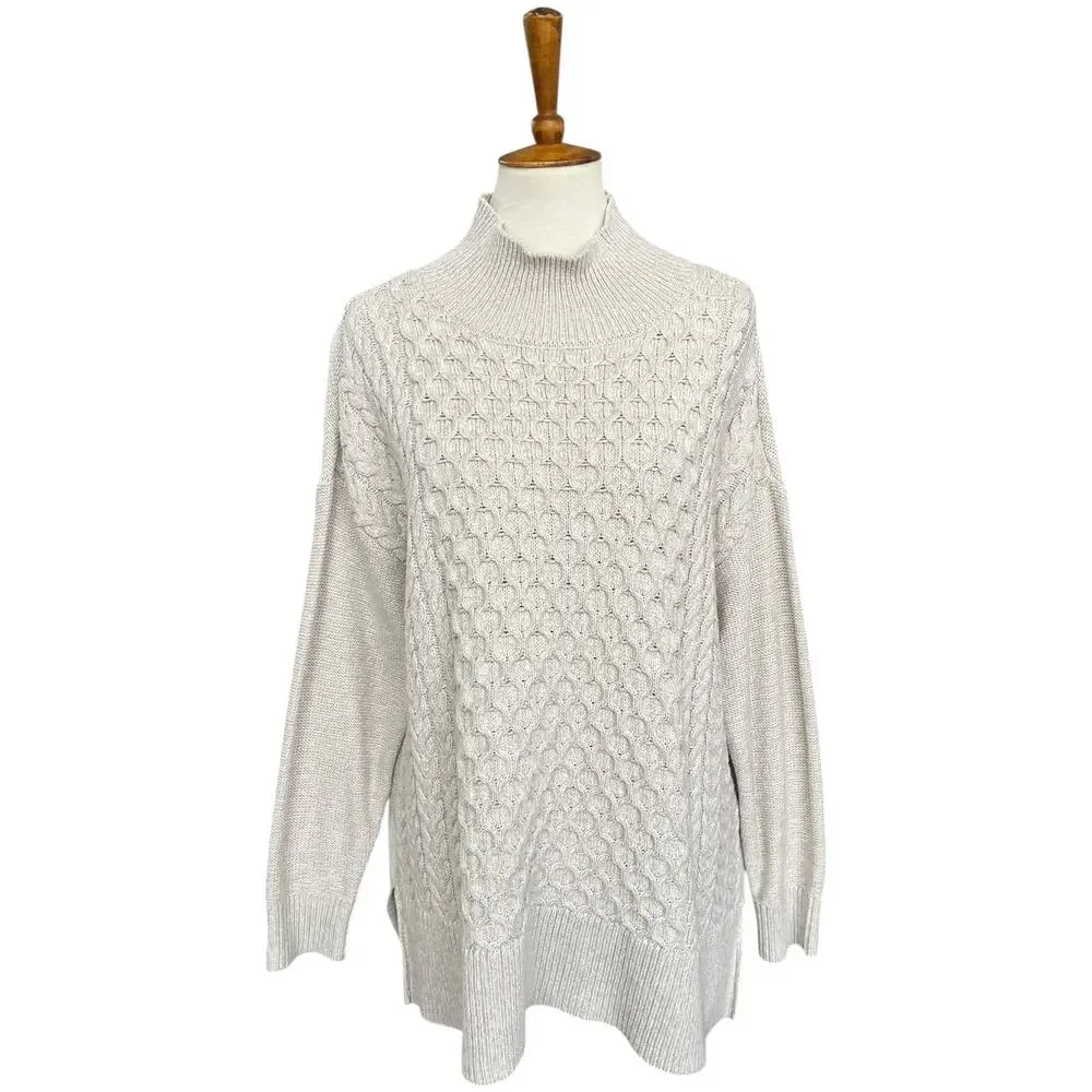 NWT Crown & Ivy Knit Fisherman Coastal Oatmeal Mock Neck Sweater Size Medium - Picture 1 of 9